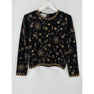 Destinee Vintage Sweater Womens Small Black Gold Beaded Embroidered Wool Blend